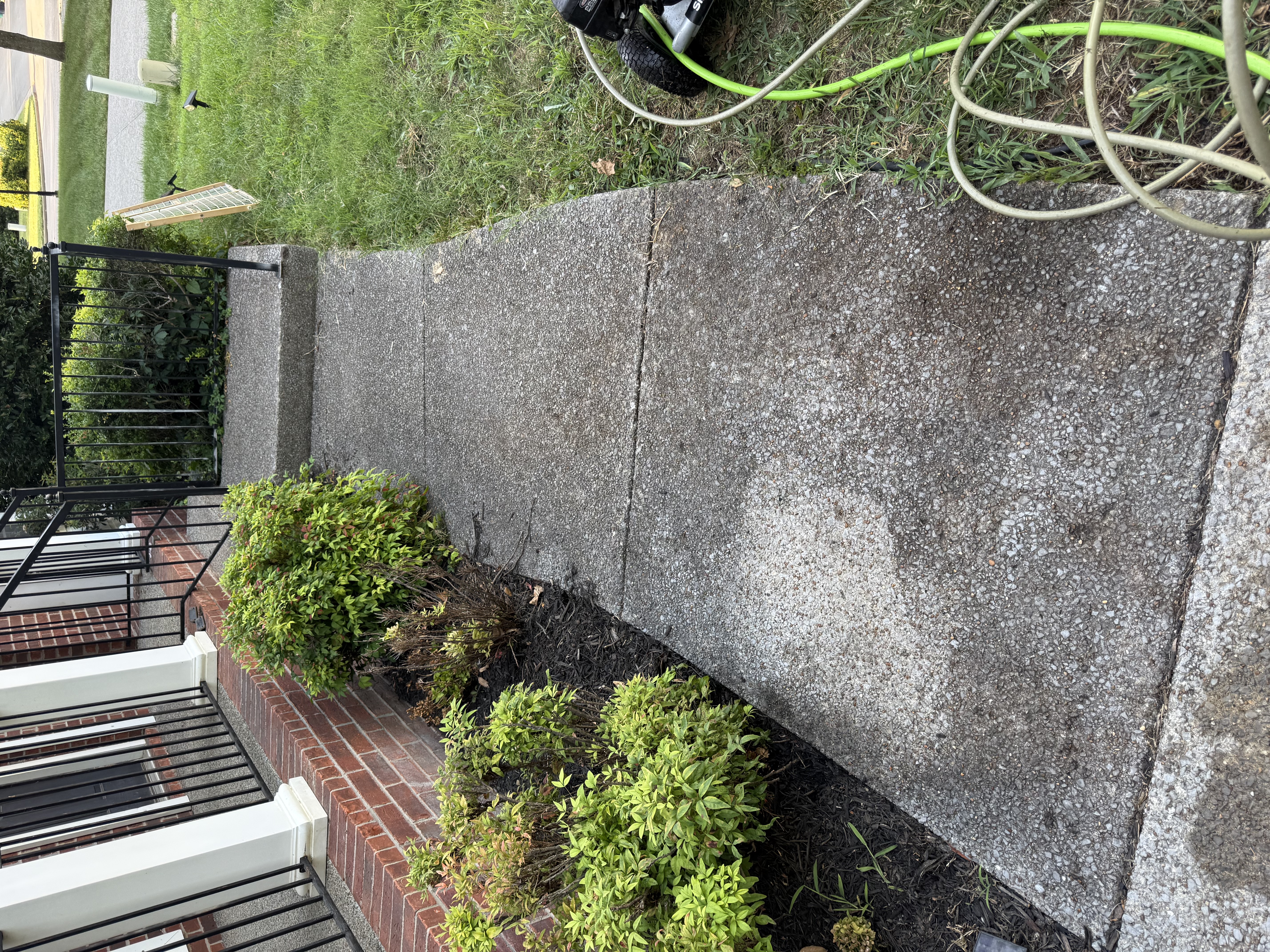 Before pressure washing a darkened residential sidewalk